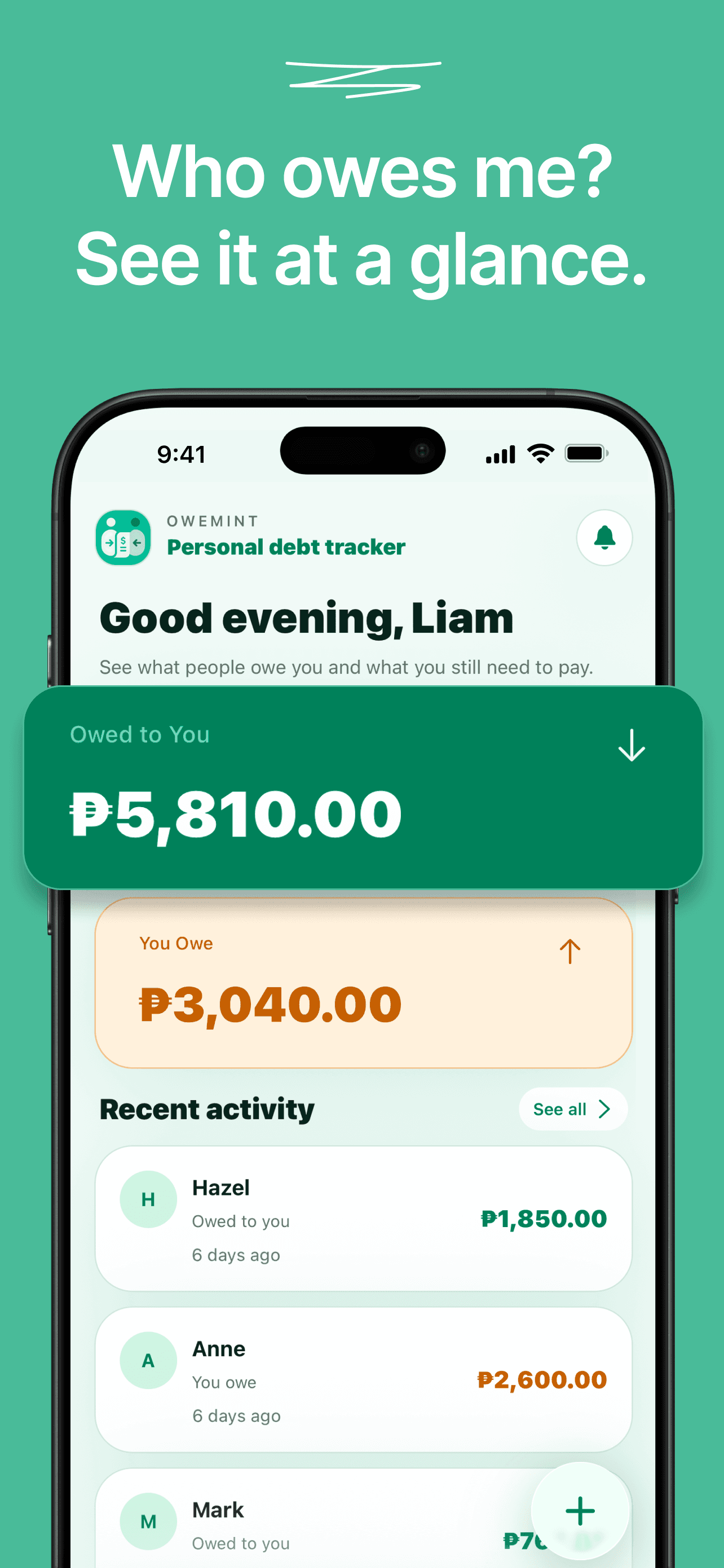Owemint app dashboard showing balances and recent activity